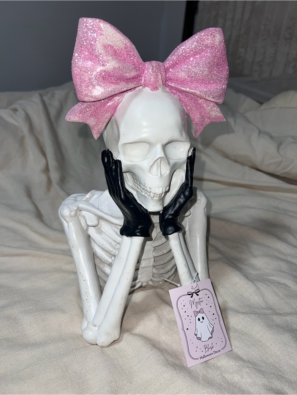 Pink Bow & Gloves Glam Skeleton Figurine Decorative Home Art